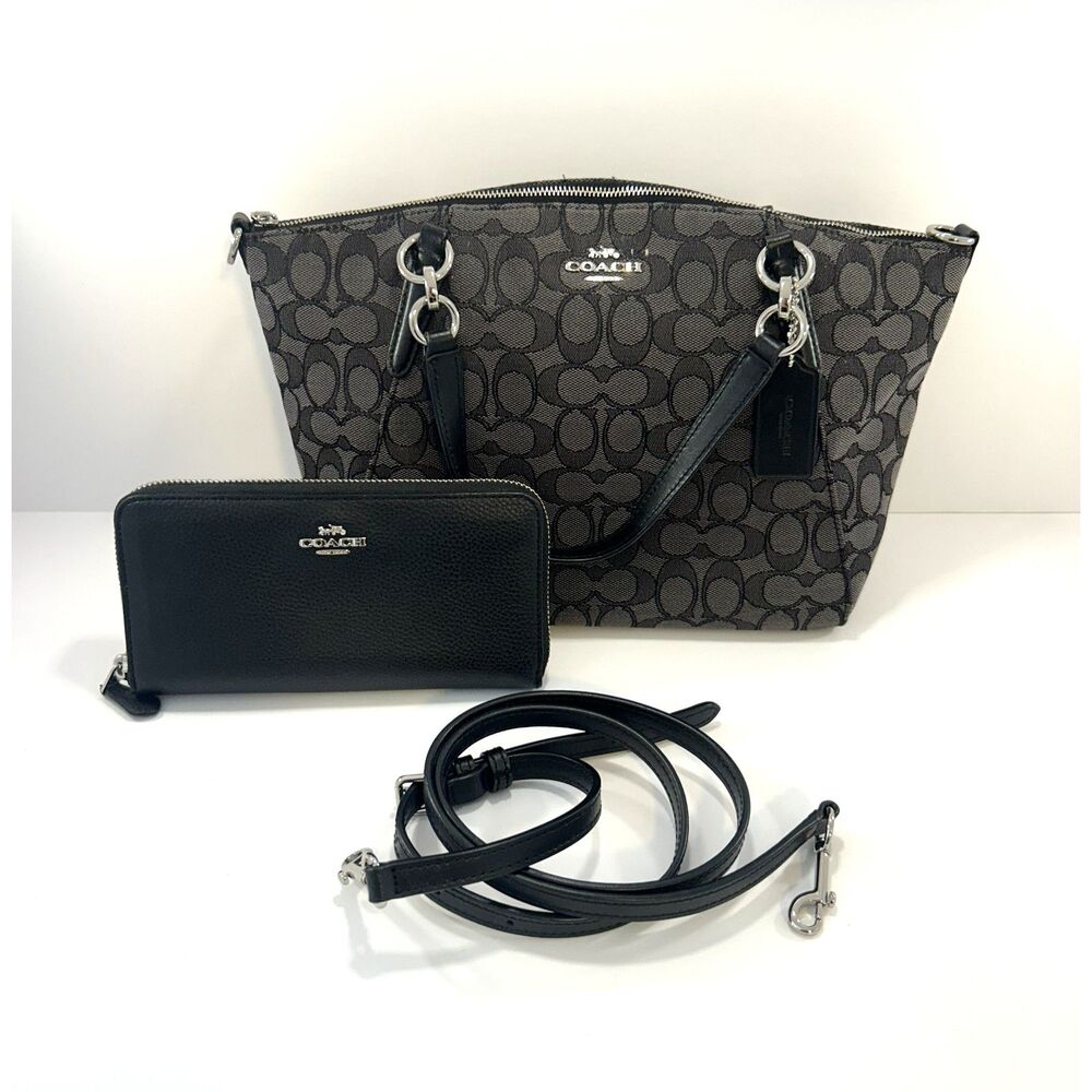 Coach Small Kelsey Satchel with Matching Zip-Around Wallet Set - Black/Smoke